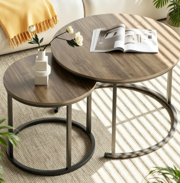 Set of 2 Oak Finish Round Nesting Side Tables with Metal Frame