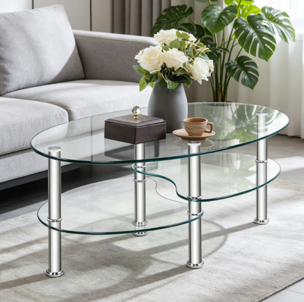 Compact 2 Tier Oval Glass Coffee Table with Chrome Plated Legs