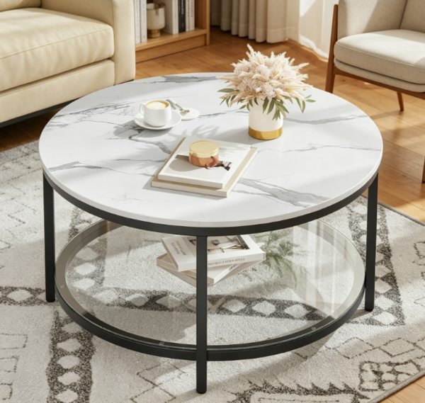 Compact 2 Tier Round White Marble and Glass Coffee Table with Storage, White and Black