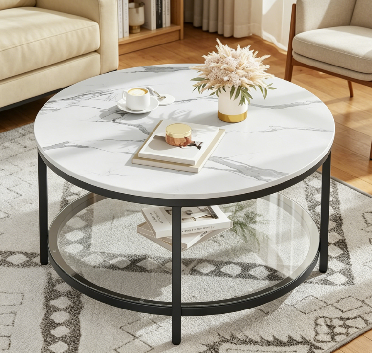 Compact 2 Tier Round White Marble and Glass Coffee Table with Storage, White and Black