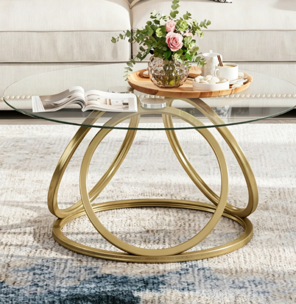 Small Round Gold Glass Coffee Table with Ring Shaped Frame